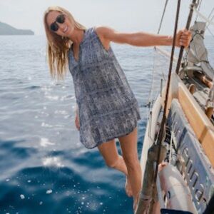 Prana Natassa Crinkled Tunic Dress Blue White Printed Pockets Modal Size Medium